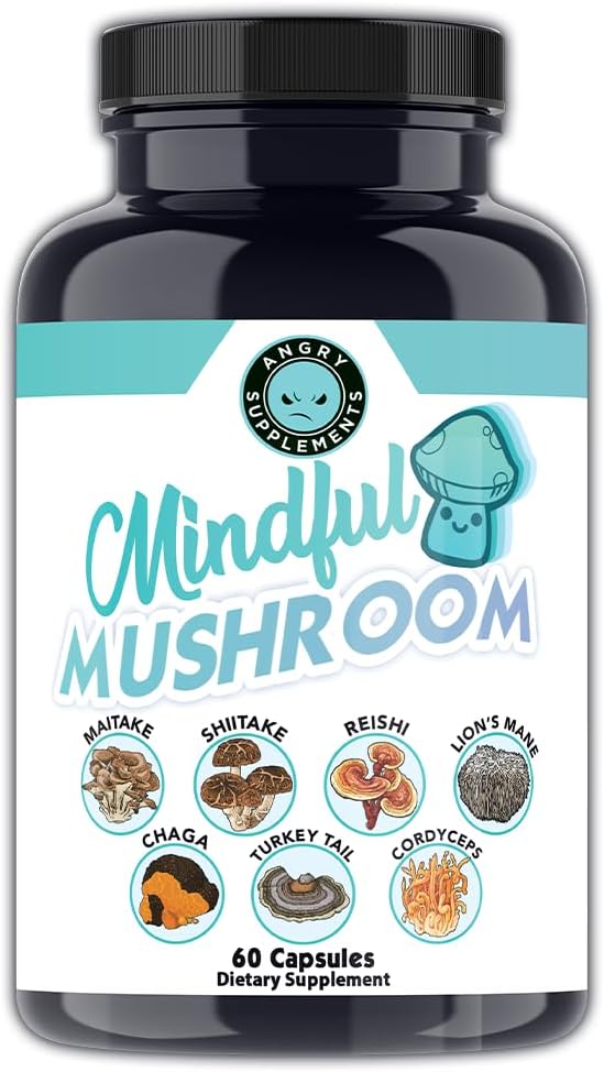 Angry Supplements Mindful Mushrooms Capsules - 7in1 Premium Health Shroom Blend of Maitake, Shiitake, Reishi, Tyrkiet Tail, Cordyceps, Lions Mane og Chaga Mushroes (60ct)