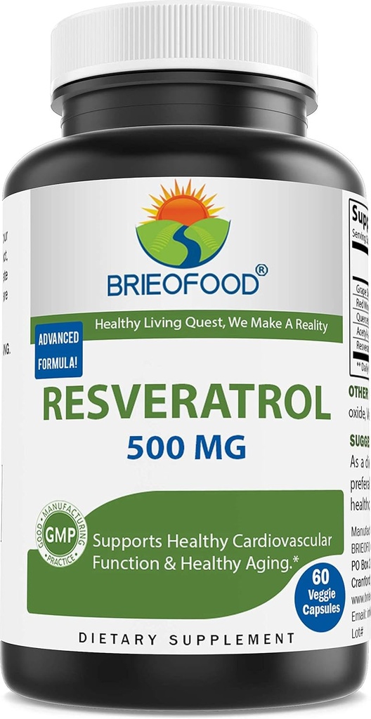 Brieofood Resveratrol 500mg - Natural Antioxidant Supplement for cardiovaskulær & immunsystem Sundhed - 60 Veggie kapsler