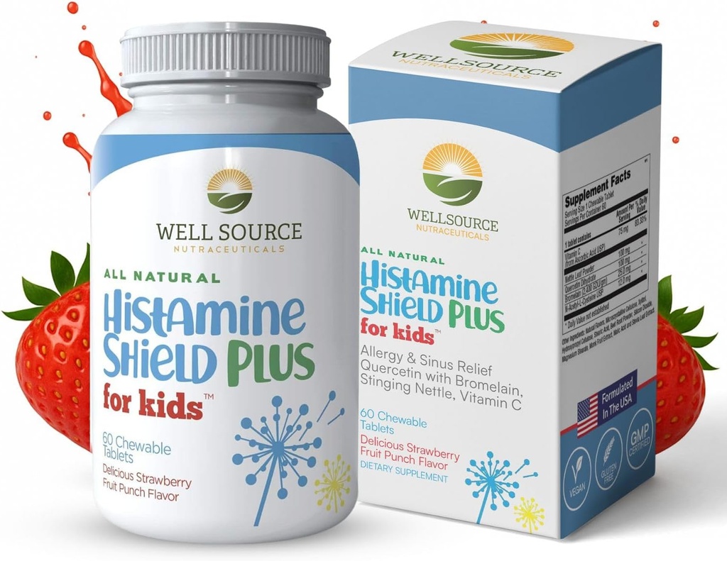 Naturlig Antihistamin supplement, Kids Allergy Medicine, Sinus & Allergier Relief for Pollen, Pet Dander, Støv, Mold, og Odors, 60 Strawberry Punch Chewable Tablets
