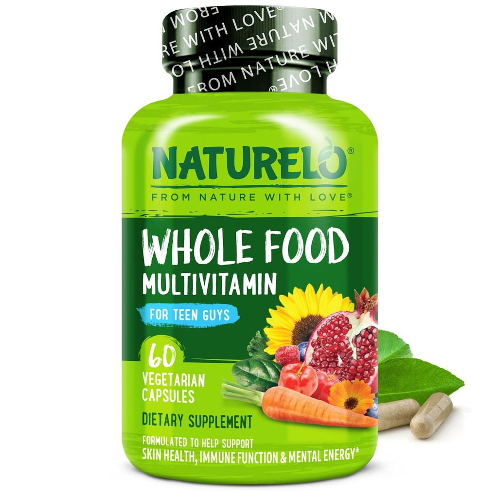 NATURELO Teen Multivitamin - Whole Food Multivitamin for Teenage Boys - Minerals Supplement for Aktive Børn - med Plante Ekstrakter - Non-GMO - Vegan & Vegetar - 60 kapsler