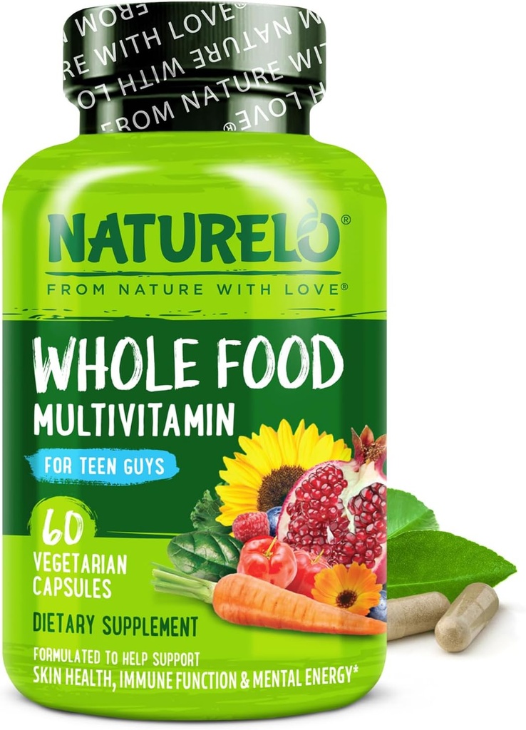 NATURELO Teen Multivitamin - Whole Food Multivitamin for Teenage Boys - Minerals Supplement for Aktive Børn - med Plante Ekstrakter - Non-GMO - Vegan & Vegetar - 60 kapsler