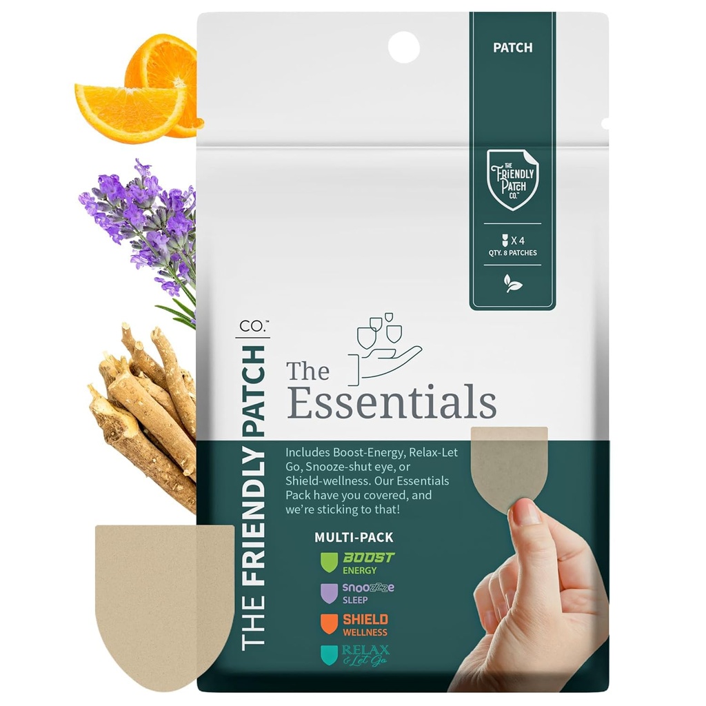 Den venlige Patch Travel Essentials Multi- Pack omfatter 8 Patches: Snooze Sleep Patches, Ashwagandha rolige Patches, Boost Energy Patch, og Shield Patches til søvn, afslappende, og energi.