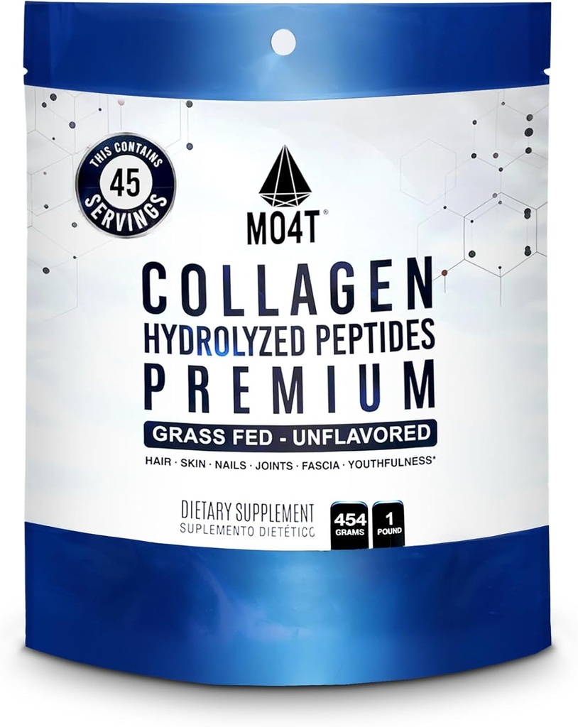 MO4T Collagen Peptides - Collagen Powder- Hydrolyzed Collagen- Grass fed - Colageno Hidrolizado - Unflavored Collagen (1 Pound)