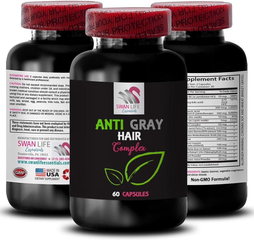 Anti grå hår piller - ANTI GRAY HAIR COMPLEX - Farve vitalitet, Gray hårpleje, Frisk tone, Vibrerende farve, Anti grå hår supplement, Hår skygge kontrol, Youth look 1 flaske 60 kapsler