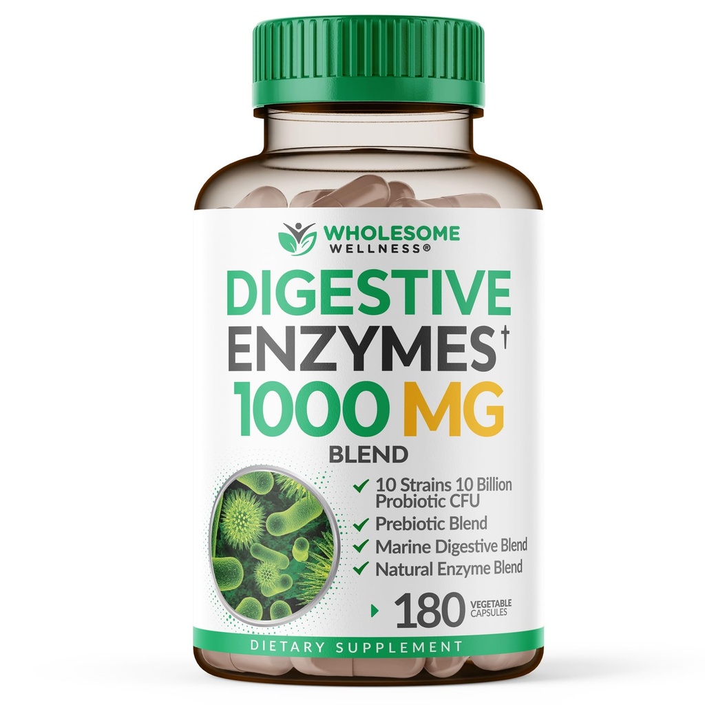 Groundome wellness fordøjelsesenzymer 1000MG Plus Prebiotika & Probiotika Supplement, 180 Kapsler, Organic Plant- Based Vegan Formel for fordøjelse & lactose med Amylase & Bromelain, 3- 6 Måneder Supply