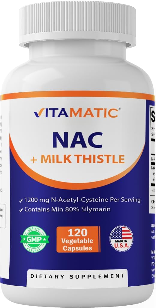 Vitamatic NAC Supplement N-Acetyl-L-Cysteine (NAC) with Milk Thistle 50:1 Extract - Supports Immune, Respiratory, Liver Health, 1200 mg per Serving, 120 Veg Capsules