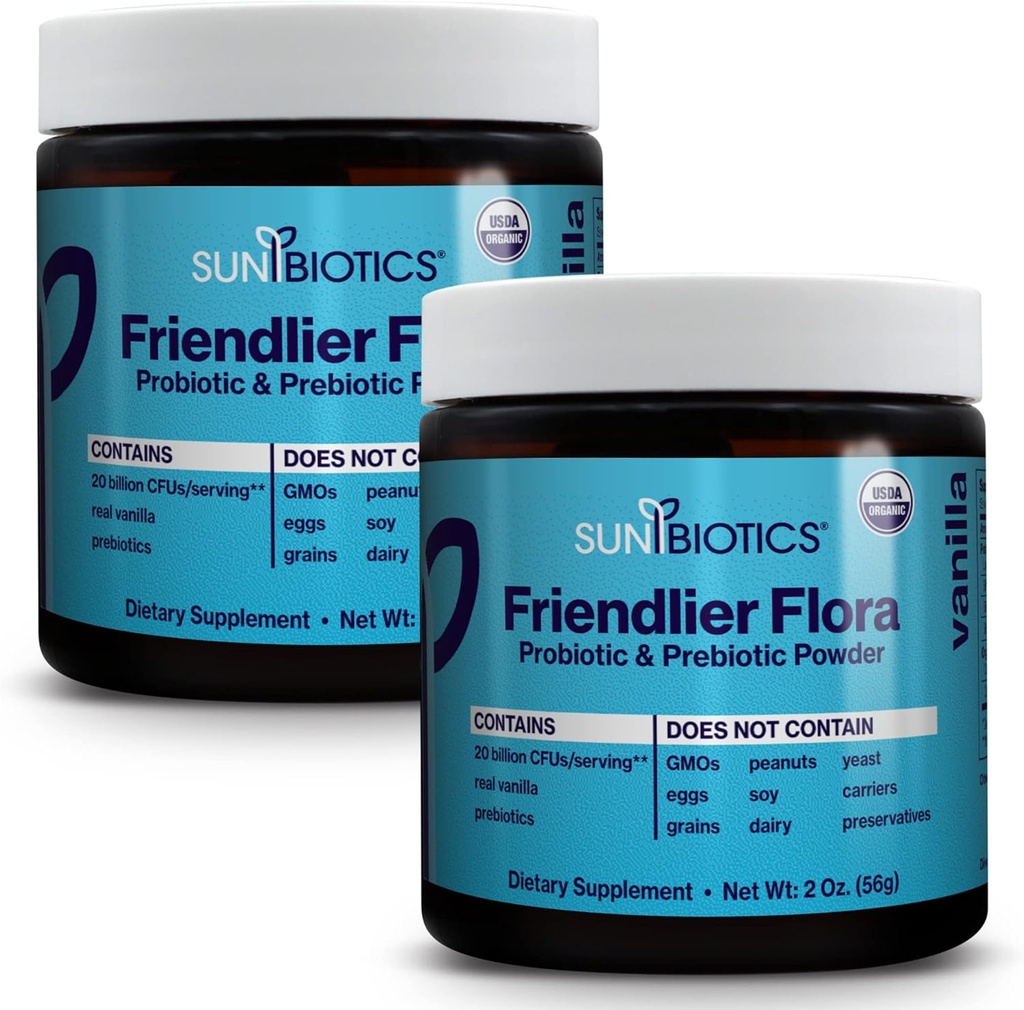 SUNBIOTICS Friendlier Flora - Prebiotic & Probiotic Powder for Women & Men with 20 Billion CFUs of 4 Probiotic Strains for Good Gut Flora, Immune System & Balanced Microbiome - Vanilla, (Pack of 2)