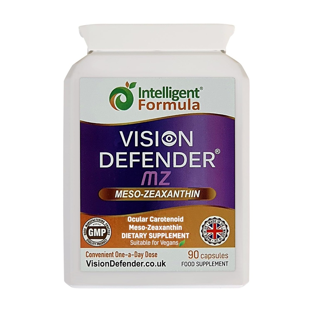 Vision Defender Meso Zeaxanthin Vegan Eye Supplement MZ- Beskyt og forbedre Okulær sundhed & Eye Care, høj styrke Antioxidant Carotenoid Meso- Zeaxanthin for Eye (90 kapsler / en daglig) Fremstillet i UK