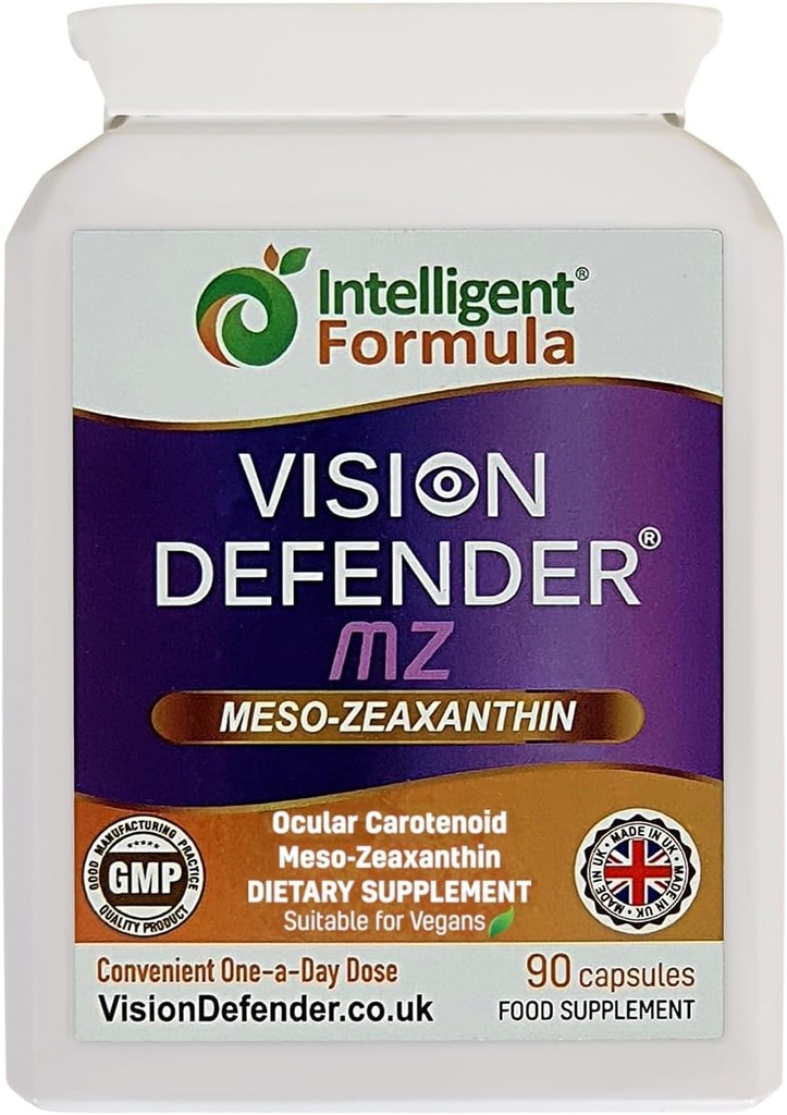 Vision Defender Meso Zeaxanthin Vegan Eye Supplement MZ- Beskyt og forbedre Okulær sundhed & Eye Care, høj styrke Antioxidant Carotenoid Meso- Zeaxanthin for Eye (90 kapsler / en daglig) Fremstillet i UK