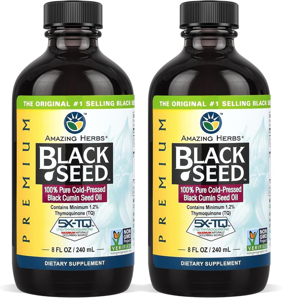 Amazing Herbs Premium Black Seed Oil - Gluten Free, Non GMO, Cold Pressed Nigella Sativa aids i fordøjelsessygdomme, immunforsvar, hjernefunktion - 8 Fl Oz (Pack of 2)