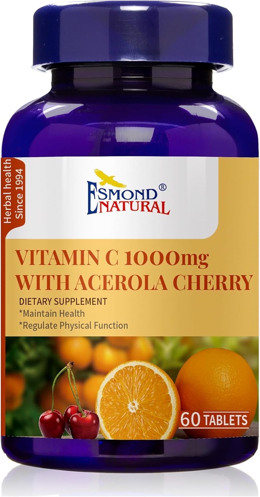 Vitamin C 1000mg med Acerola Cherry (understøtter immunsystemet, energiniveauer, hudvitalitet), GMP, Natural Product Assn Certified, Made in USA - 1000mg, 60 tabletter