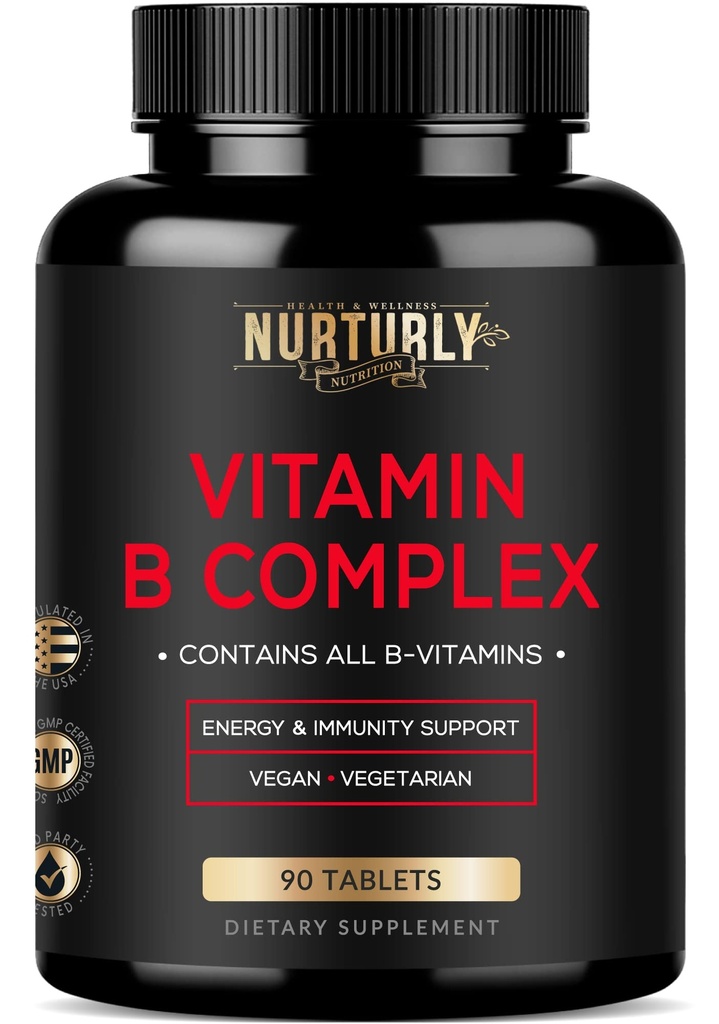 Vitamin B Complex - Indeholder alle essentielle B-vitaminer - B1, B2, B3, B5, B6, B7, B9, B12 og biotin - Super B Complex Vitaminer til energi, Immunitet og Mood Support - 90 tabletter