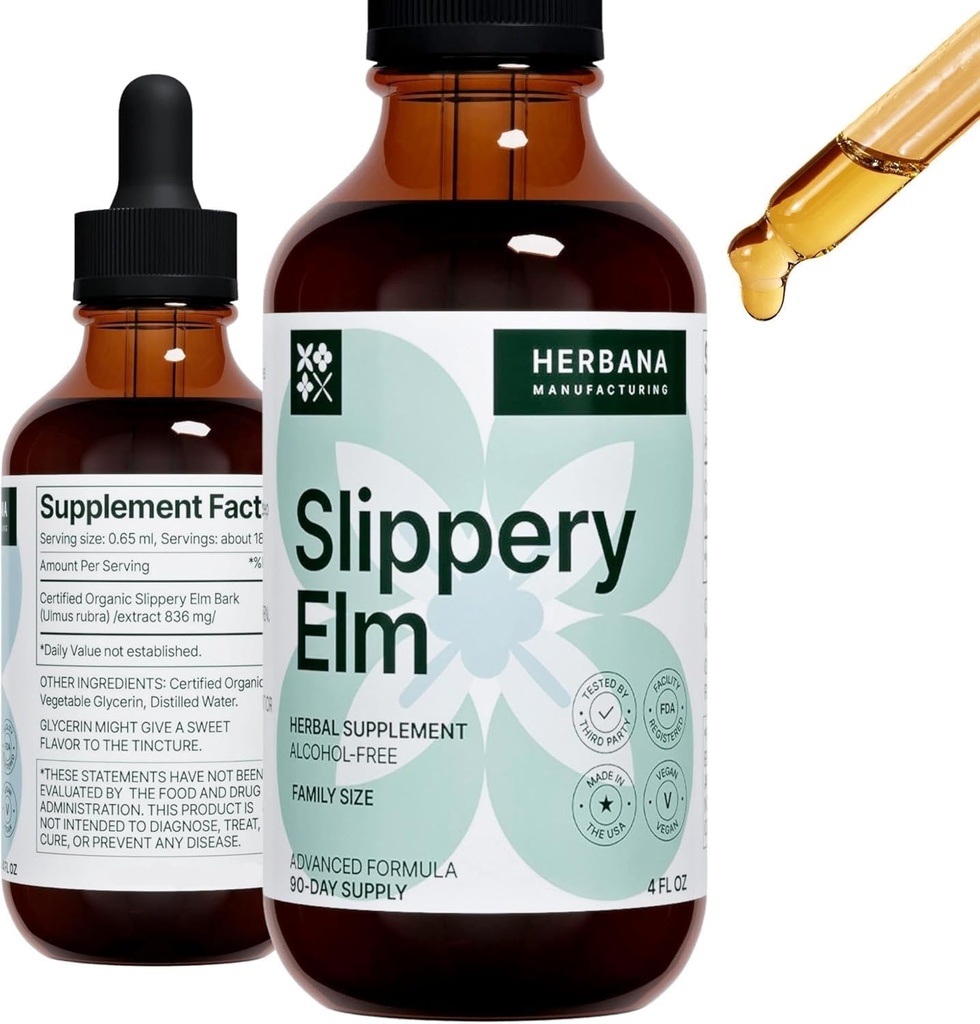 Slippery Elm Bark 4 fl oz Liquid Extract - Gut Health, Respiratory & Immunsupport - Ulmus Rubra Tincture - Natural Herbal Drops for Man & Woman - Familie Størrelse - Høj potens - 90-dages levering