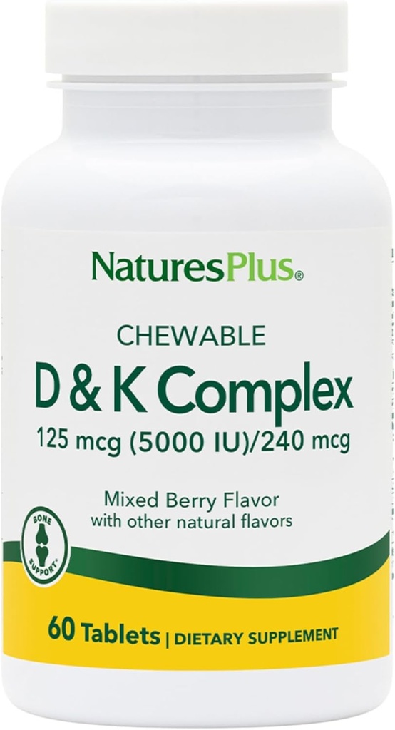 Natures Plus D & K Complex - 60 Blandede Berry Chewables - Understøtter Calcium Metabolisme - Vegetarisk, Non- GMO, Gluten Free, Soy Free - 60 Servere