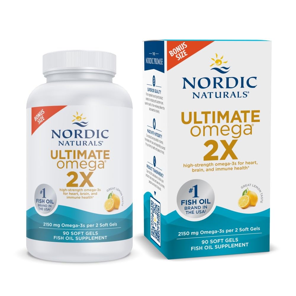 Nordic Naturals Ultimate Omega 2X, Lemon Flavor - 90 Soft Gels - 2150 mg Omega- High- Potence Omega-3 Fish Oil med EPA & DHA - fremmer hjerne & hjerte sundhed - non-GMO - 45 Serveringer