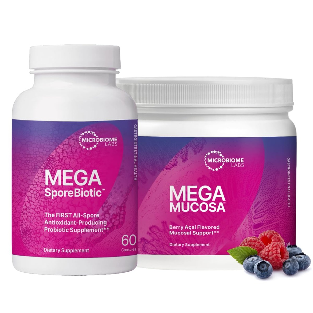 Mikrobiom Labs MegaSporeBiotic (60 kapsler) + MegaMucosa (5.5oz pulver) Probiotisk og Gut Mucosal Support Bundle - Spore- Based Probiotic med immunoglobuliner, Aminosyrer pulver supplement