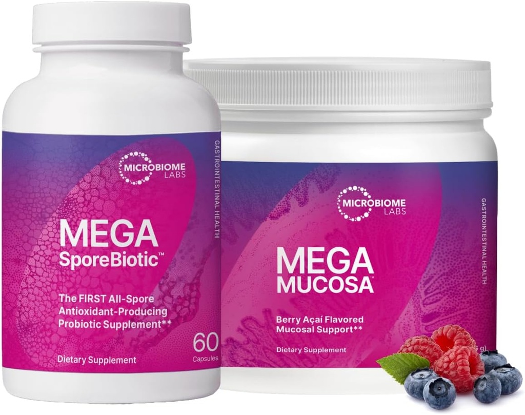 Mikrobiom Labs MegaSporeBiotic (60 kapsler) + MegaMucosa (5.5oz pulver) Probiotisk og Gut Mucosal Support Bundle - Spore- Based Probiotic med immunoglobuliner, Aminosyrer pulver supplement