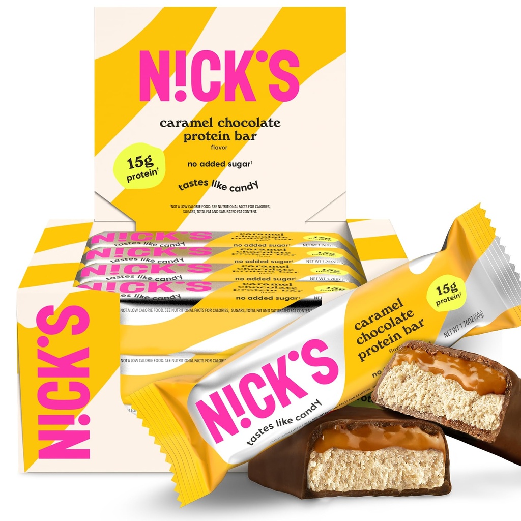 Nicks chokolade karamel protein bars - 12-greve Box Note 124; High Protein, lave kalorier, lave kulhydrater, Keto Friendly, Ingen tilsat sukker