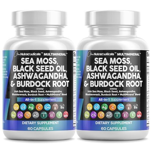 Ren Nutracatic Sea Moss Black Seed Oil Ashwagandha Turmerisk Bladerwrack Burdock & C-vitamin D3 med Elderberry Manuka Mælkebøtte Gul Dock Jod Chlorophyll ACV - 2Pack