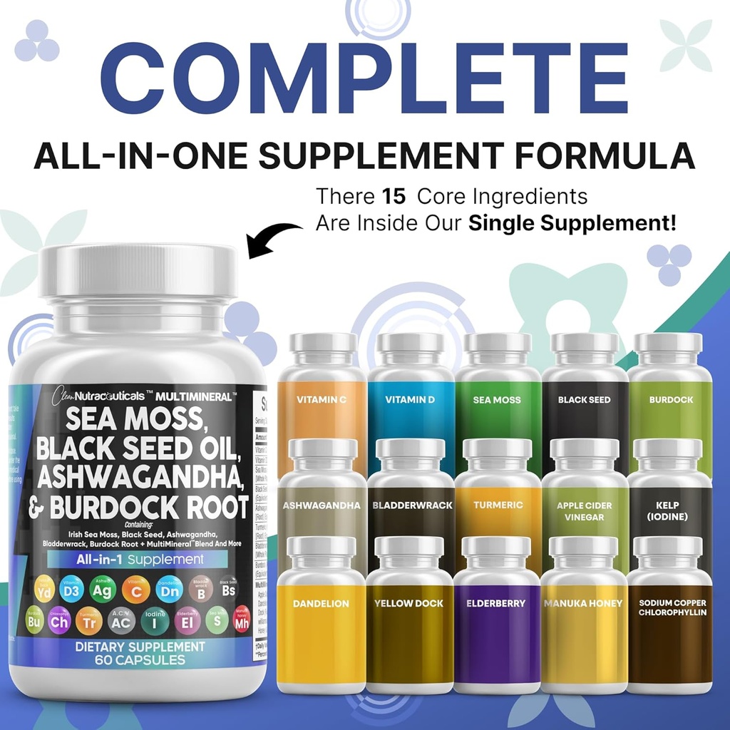 Ren Nutracatic Sea Moss Black Seed Oil Ashwagandha Turmerisk Bladerwrack Burdock & C-vitamin D3 med Elderberry Manuka Mælkebøtte Gul Dock Jod Chlorophyll ACV - 2Pack