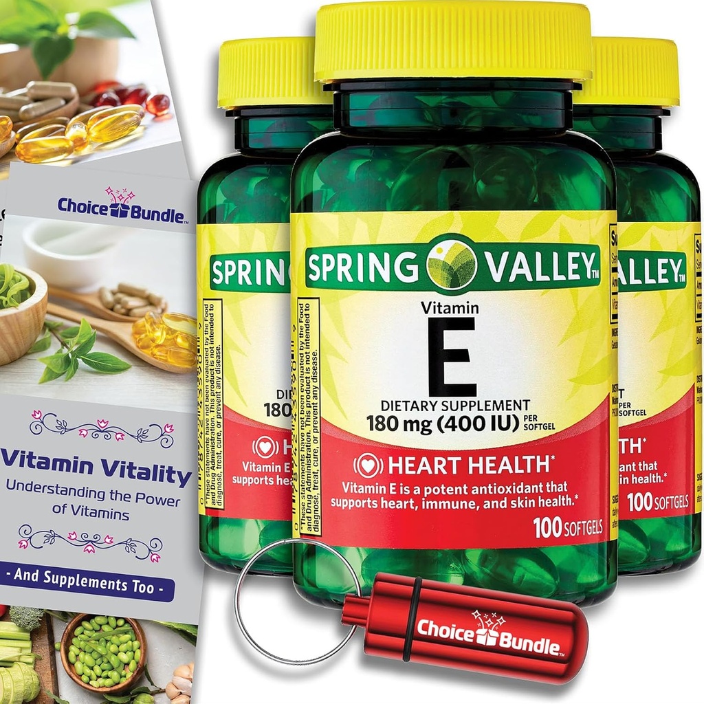 Valg Bundle Spring Valley Vitamin E Heart Health Kosttilskud Softgels 180 mg (400 IE) 100 CT 3 stk. (300 Total) + "Vitality Vitamin" Guide & Keychain Pill Container (5 genstande)!