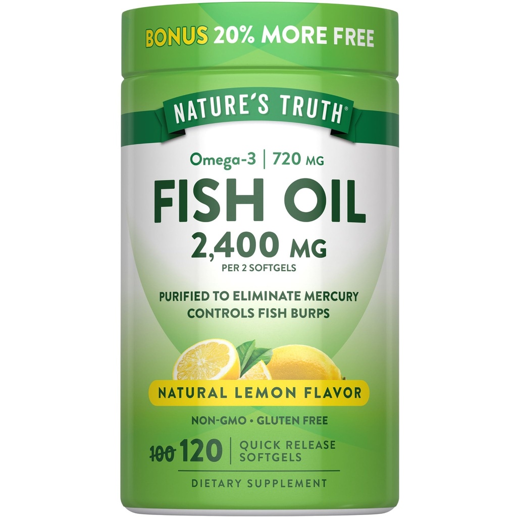Nature 's Truth Fish Oil 2400mg against 124; 120 Quick Release Softgels against 124; 720 mg Omega 3 Stainless 124; Burpless Lemon Flavor Pills against 124; Non- GMO & Gluten Free Supplement