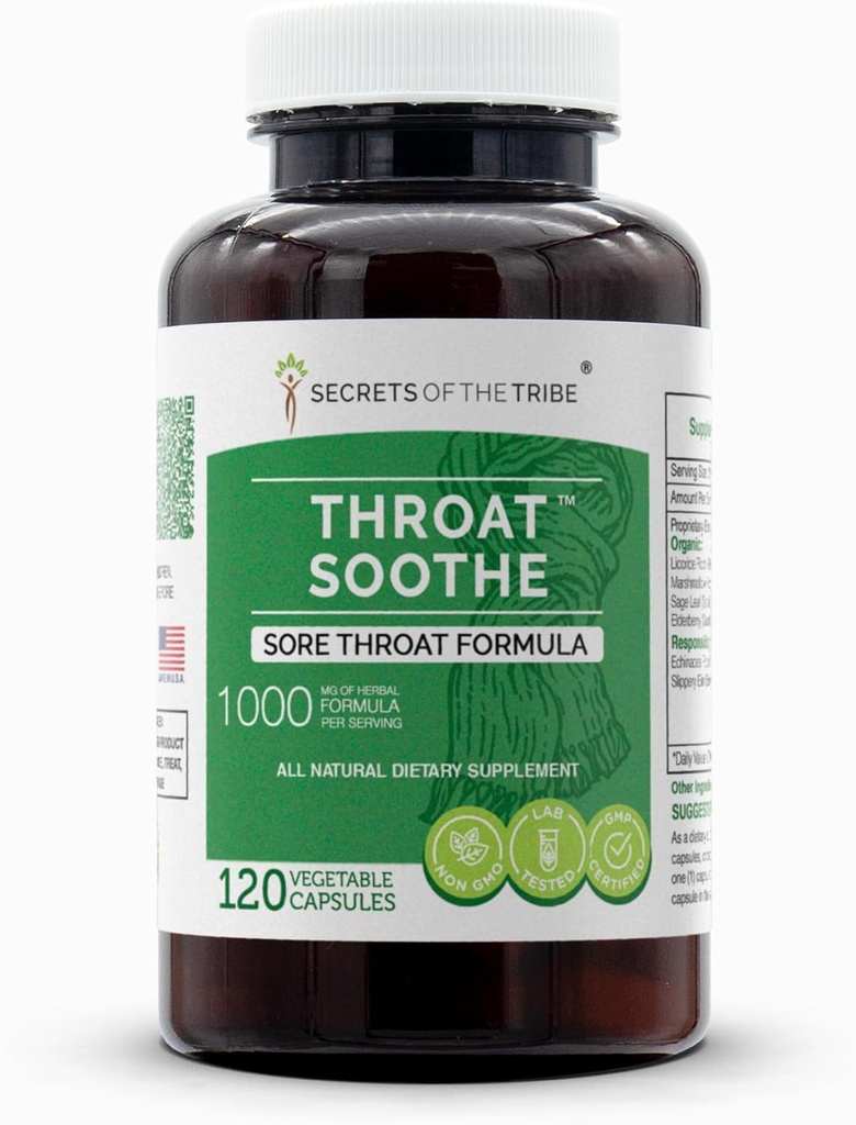 Secrets of the Tribe - Throat Soothe, Sore Throat Formula, Herbal Supplement Blend (120 Capsules)