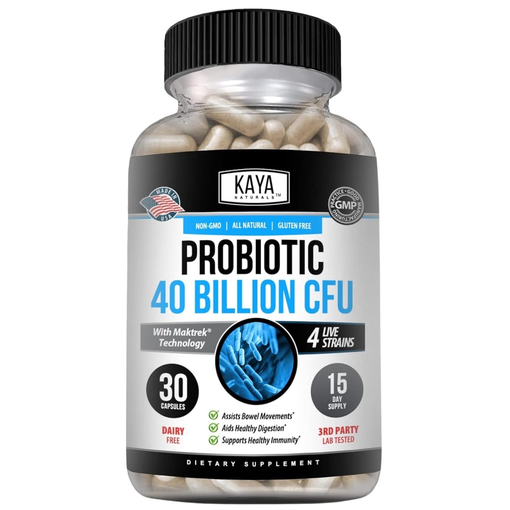 Kaya Naturals Probiotiske 40 Millioner CFU - Probiotika for kvinder, Probiotika for mænd og voksne, Natural - Gut Health & Immunsupport Supplement - fremmer fordøjelsessygdomme - 30 Greve