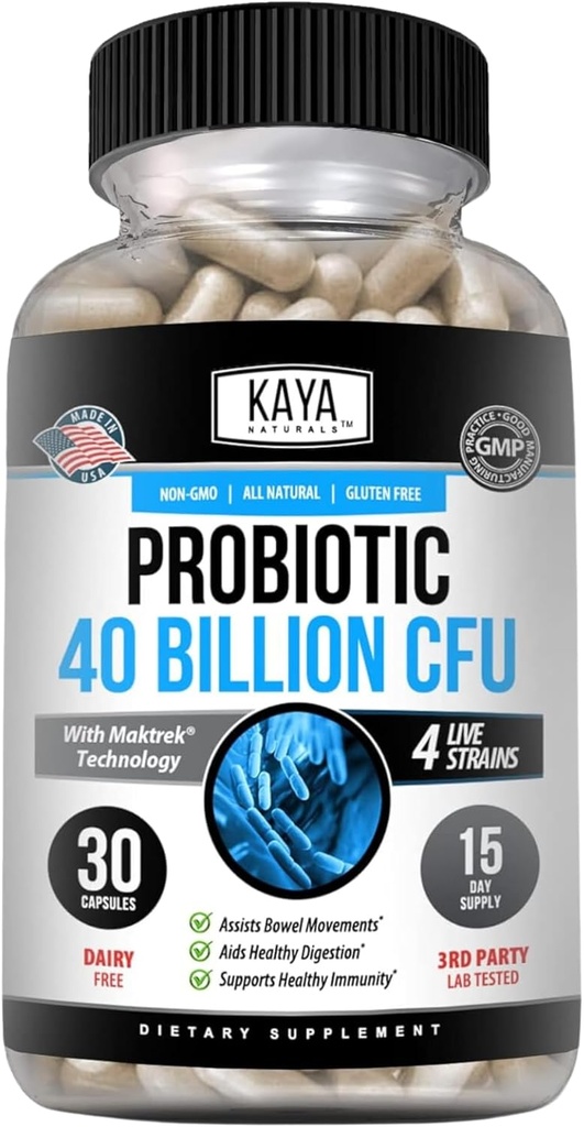 Kaya Naturals Probiotiske 40 Millioner CFU - Probiotika for kvinder, Probiotika for mænd og voksne, Natural - Gut Health & Immunsupport Supplement - fremmer fordøjelsessygdomme - 30 Greve