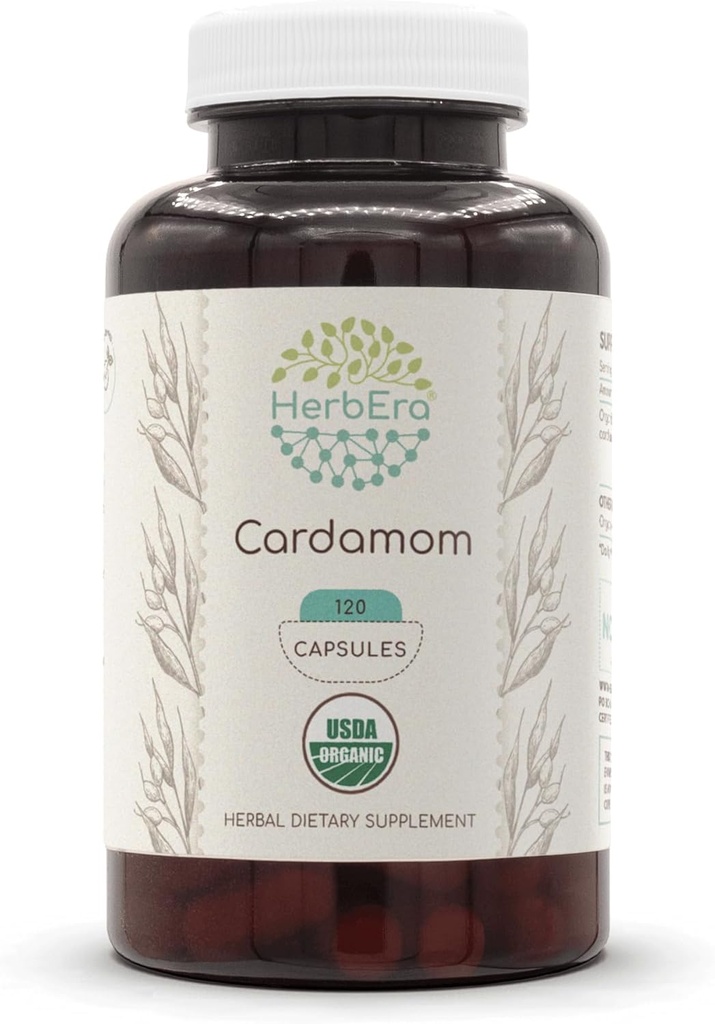 HerbEra Cardamom USDA Organic 120 Capsules Depoter 124; Natural Herbal Support 124; Certified Organic Vegetarian Capsules and Organic Cardamom (Elettaria Cardamomum) Tørret Pod (120 Capsules)