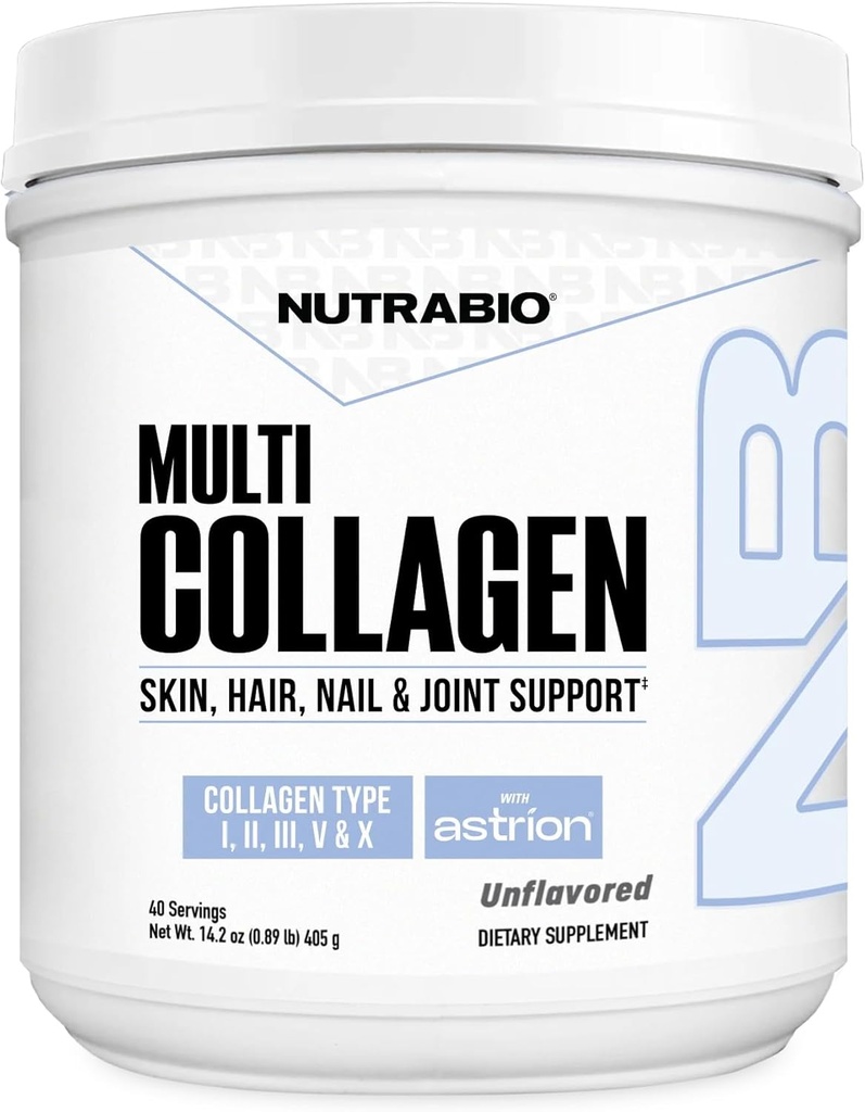 NutraBio Multi Collagen Powder- Hydrolyzed Collagen Peptider til glødende hår & Skin- Grass- Fed- Collagen pulver til kvinder og men- 40 Servere