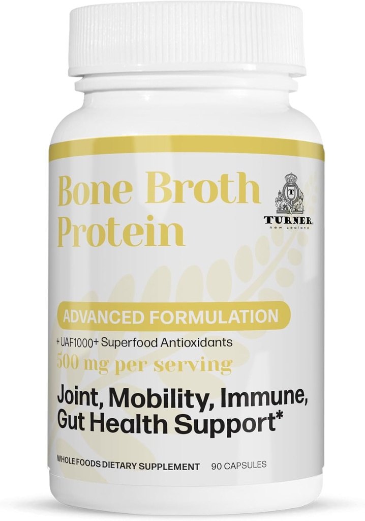 TURNER Bone Broth Protein med UAF1000 +, 100% Grass- Fed New Zealand Beef Bone Collagen, Hydrolyzed, Joint, Hud, Hår & Nail Support, Anti- Aging, Fælles Komfort & Mobilitet, 90 kapsler, 1 flaske