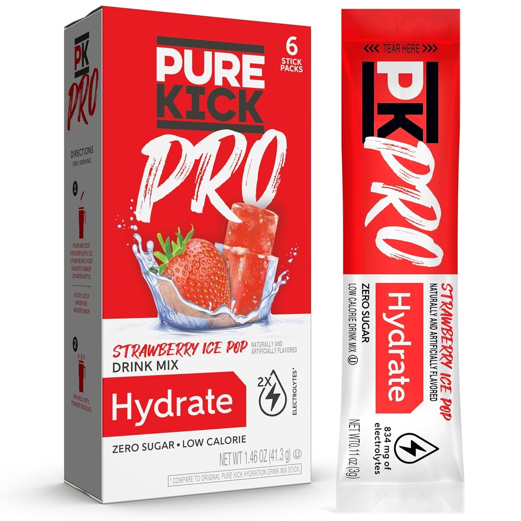 PURE KICK PRO Hydration Electrolyte Drink Mix, Strawberry Ice Pop, indeholder 1 kasse med 6 pakker i hver kasse
