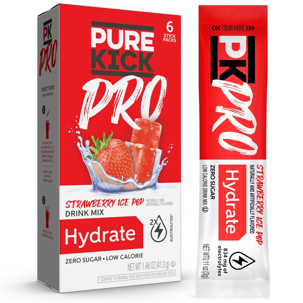 PURE KICK PRO Hydration Electrolyte Drink Mix, Strawberry Ice Pop, indeholder 1 kasse med 6 pakker i hver kasse