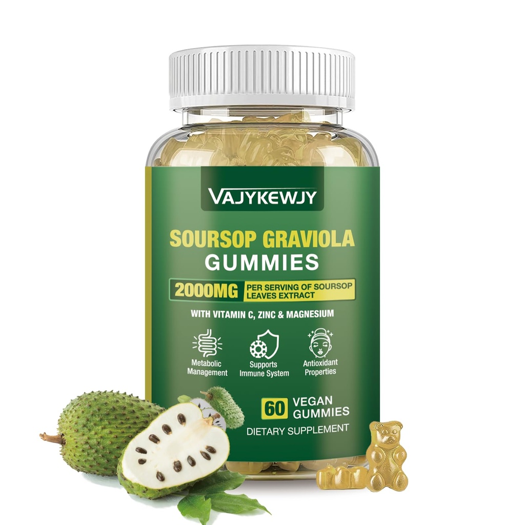 Soursop Graviola Gummies - 2000mg Extra Strength Soursop Leaves Extract, C-vitamin, Zink & hel naturlig mad til immunitet, Vegan, 60 Gummies