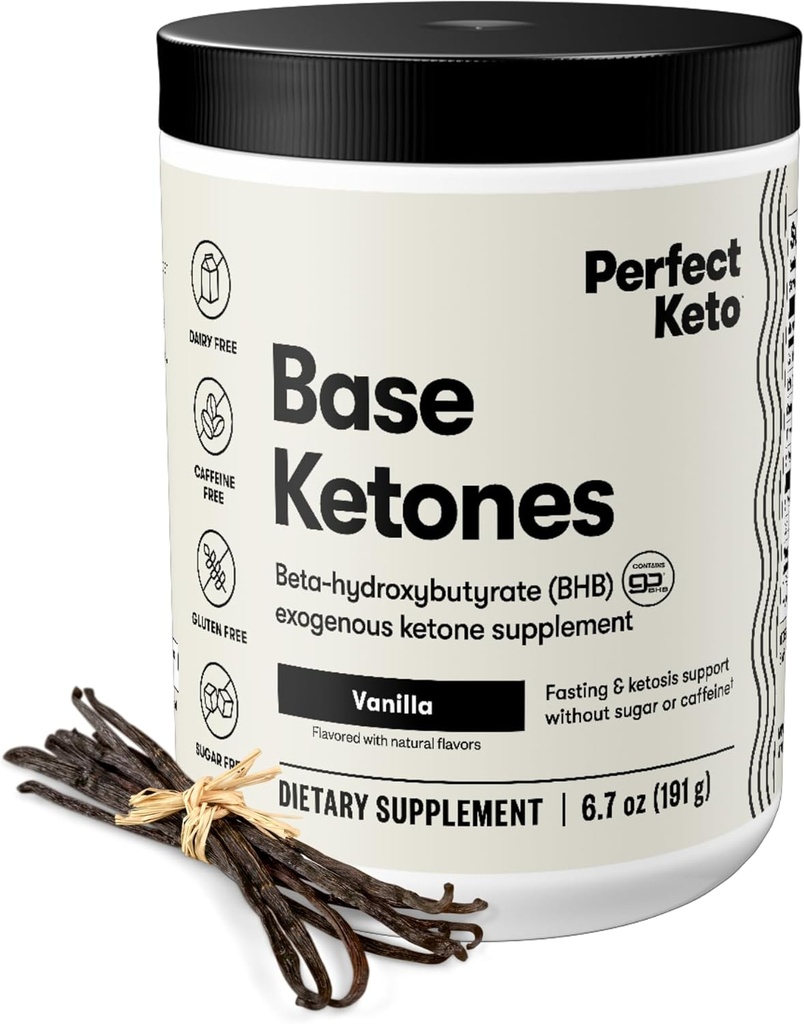 Perfect Keto eksogene Ketoner Powder, BHB Salts Supplement for Ketosis & Fasting, Plus Electrolytes for Hydration, Koffein Free Energy, Keto Diet, Focus & Workout Support, Vanilla, 6.7 oz