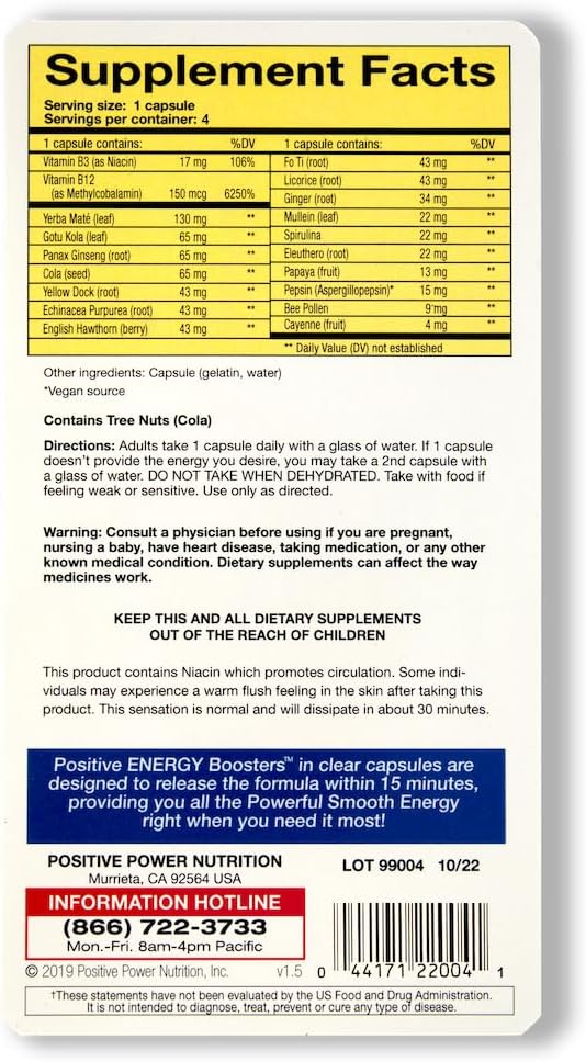 VitaBoost Positive Power Energy Boostere - Natural Energy Supplement med urter, B-12, Bee Pollen, Jitter- Free Glat Energy, Quick & Safe, Ingen Koffein, Ephedra, eller Guarana (120)