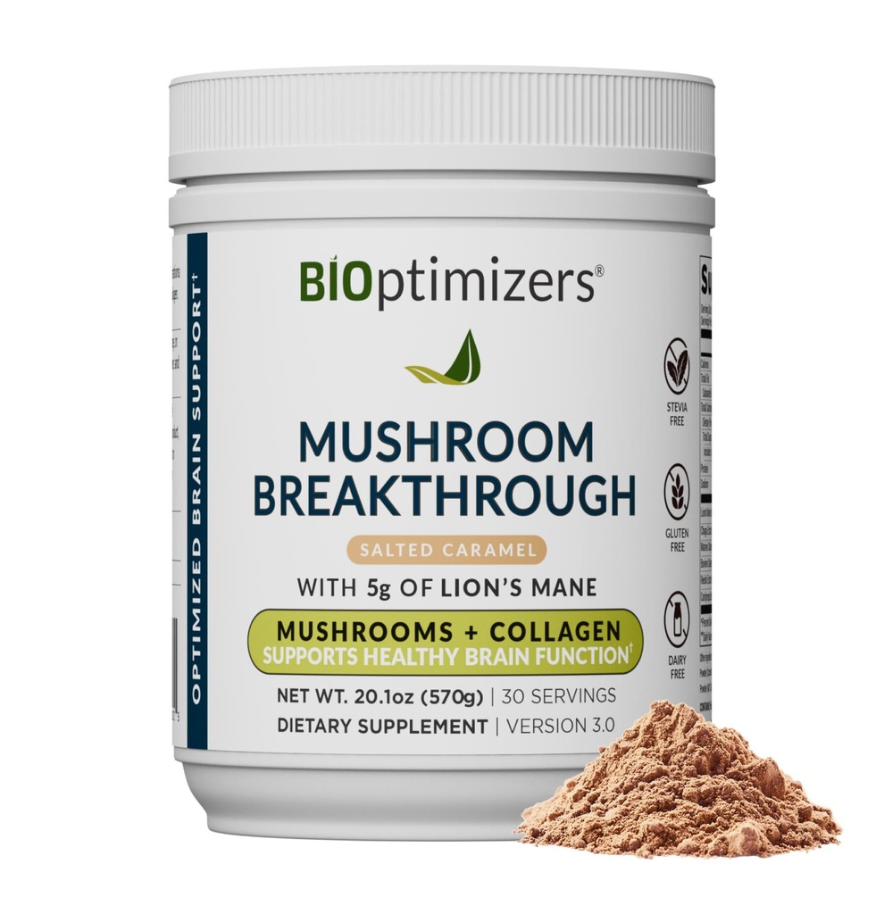 BIOptimizers Mushroom Coffee Alternative - Saltet Caramel Drink - Lions Mane, Chaga, Reishi + Collagen Peptider til Fokus, Energi & Gut Sundhed - Adaptogene svampe & MCT Powder - 30 Servere