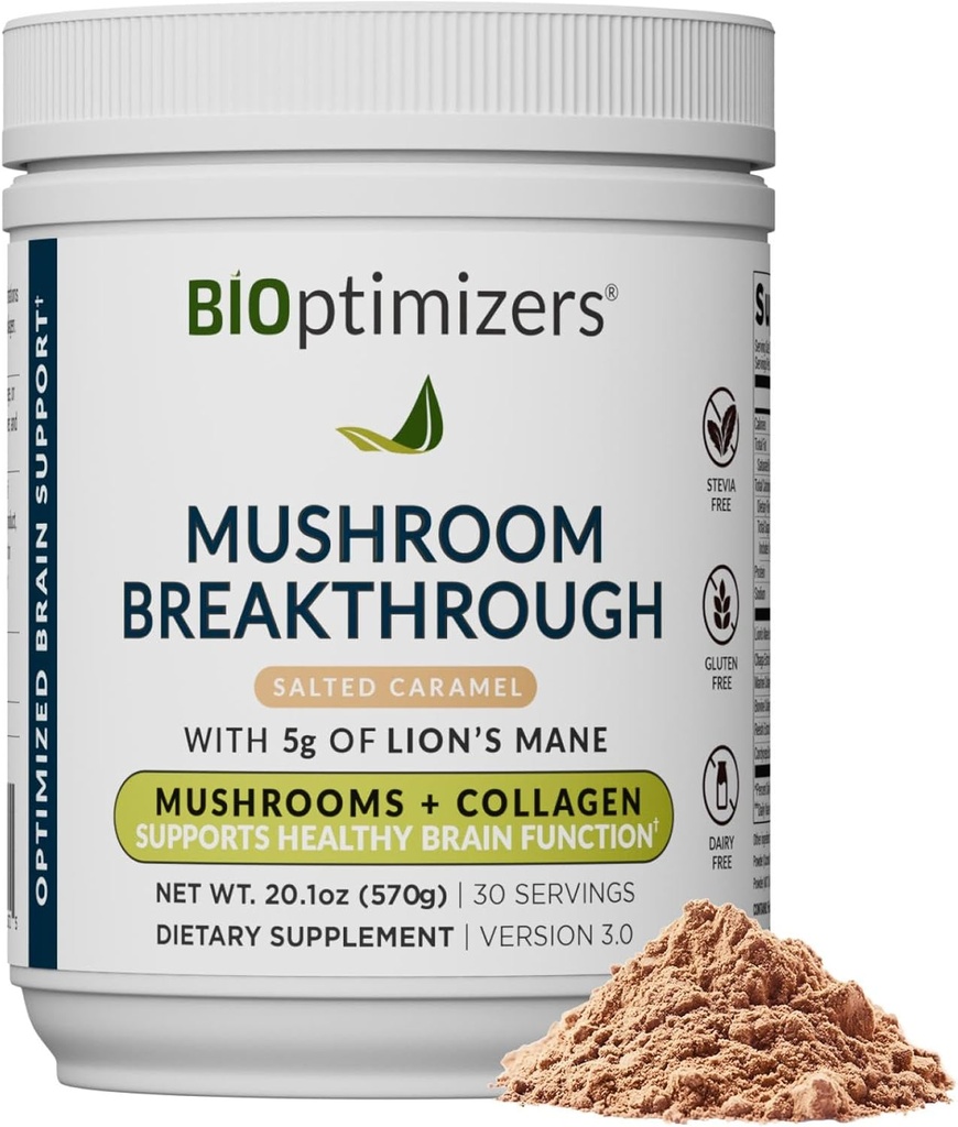 BIOptimizers Mushroom Coffee Alternative - Saltet Caramel Drink - Lions Mane, Chaga, Reishi + Collagen Peptider til Fokus, Energi & Gut Sundhed - Adaptogene svampe & MCT Powder - 30 Servere