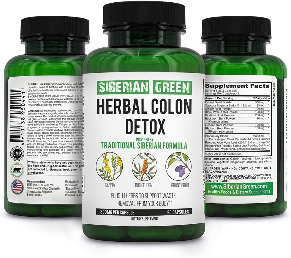 Siberian Green Herbal Colon Detox med Senna Buckthorn Prune Frugt 90 Kapsler - Traditionel Siberian Formel 14 Urter & Probiotiske at rengøre Colon og Detox Body