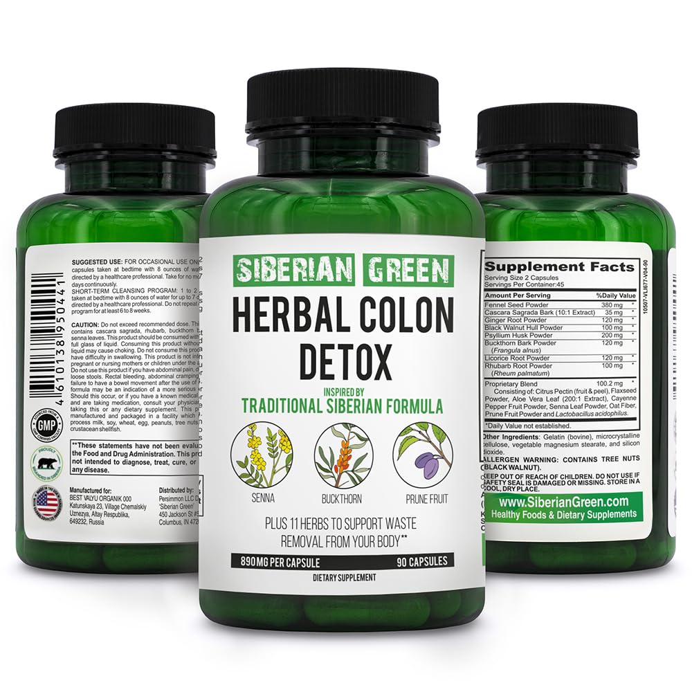 Siberian Green Herbal Colon Detox med Senna Buckthorn Prune Frugt 90 Kapsler - Traditionel Siberian Formel 14 Urter & Probiotiske at rengøre Colon og Detox Body