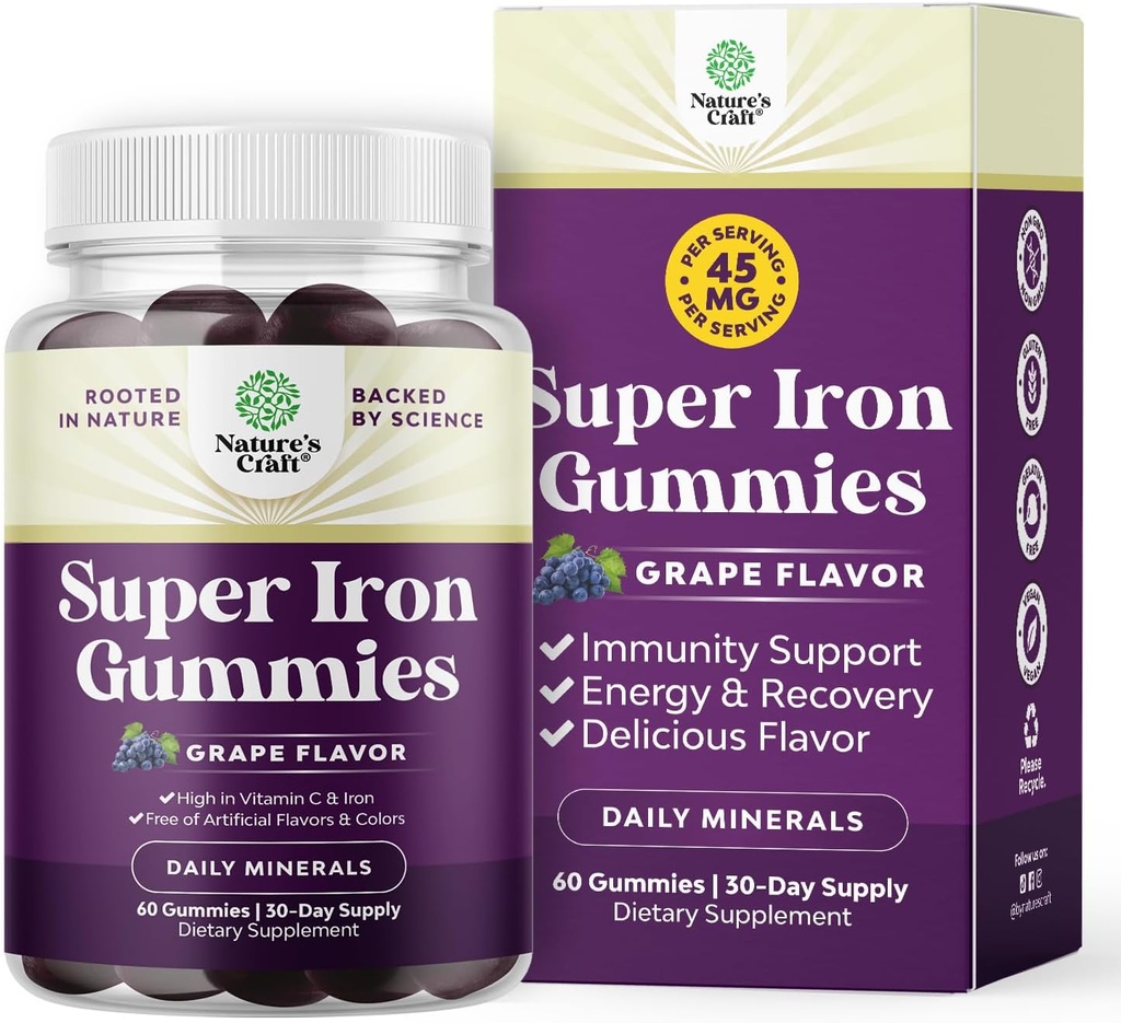 Ekstra styrke jern gummier for kvinder og mænd - potent 45mg per servering tyggetabletter for kvinder og mænd med C-vitamin for højere absorption - Vegansk daglig jerngummi ingen kunstige smag