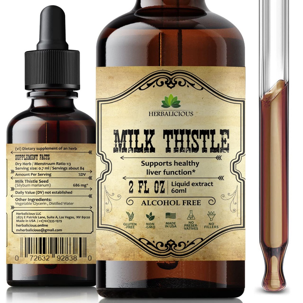 HERBALICIOUS Milk Thistle Extract - All- Natural Cleanse og Detox supplement til leverstøtte, immunsystem Boost og hudsundhed - Silymarin Nutritional Supplement - 2 fl Oz