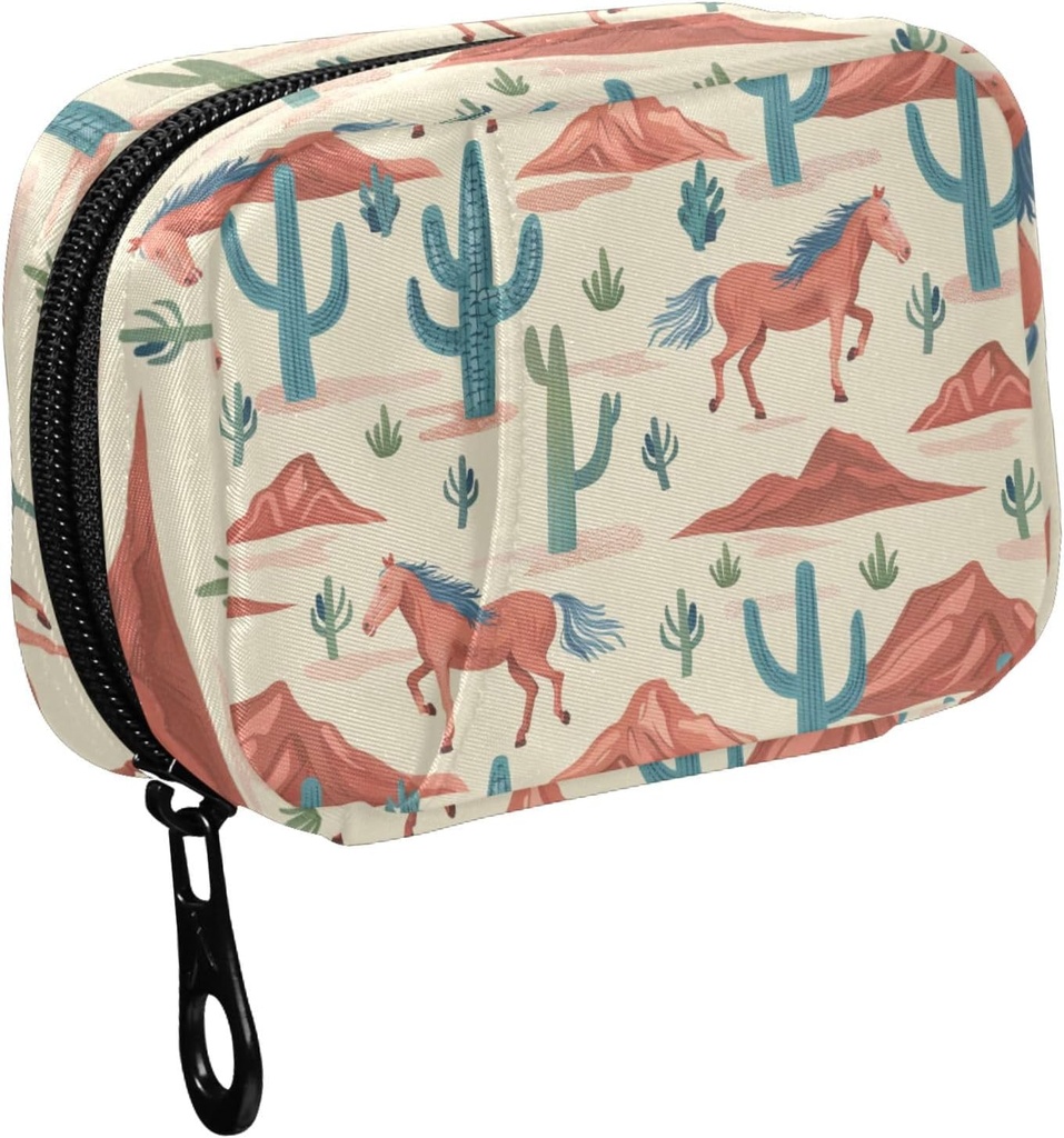 Fustylead Cute Cartoon Western Horses Cactus Mountains Pill Organizer for Purse, Weekly Portable Pill Box with Zipper to Storage Vitamins Fish Oils Medications Supplements