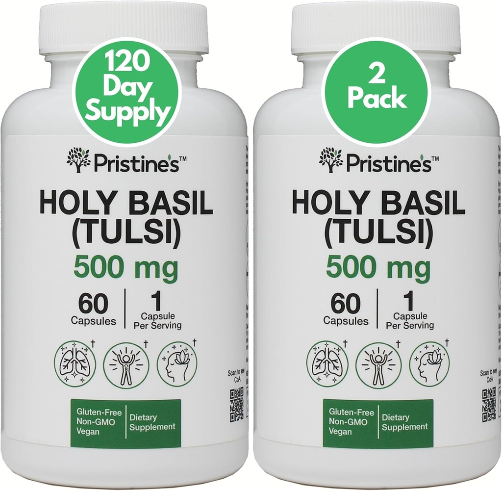 PRISTINE 'S Holy Basil (Tulsi) 500 mg (2 Pack) Afslapning & Immunity Support Supplement - 120 Day Supply - Holy Basil Leaf Capsules - Vegan - Non- GMO - Gluten Free Supplements