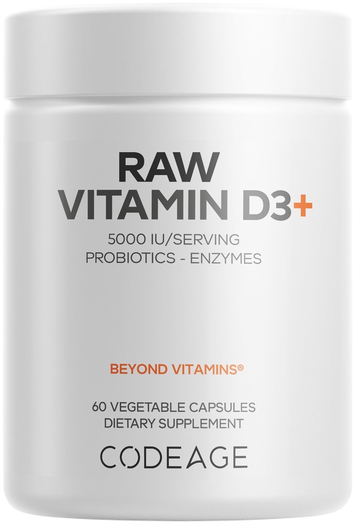 Kodeage Raw Vitamin D3 + høj potens 5000 IE tillæg fra Saccharomyces Cerevisiae - Raw Vitamin, Probiotika, fordøjelsesenzymer, frugter & grønne - 2 - Måned Supply - 60 kapsler