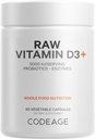 Kodeage Raw Vitamin D3 + høj potens 5000 IE tillæg fra Saccharomyces Cerevisiae - Raw Vitamin, Probiotika, fordøjelsesenzymer, frugter & grønne - 2 - Måned Supply - 60 kapsler