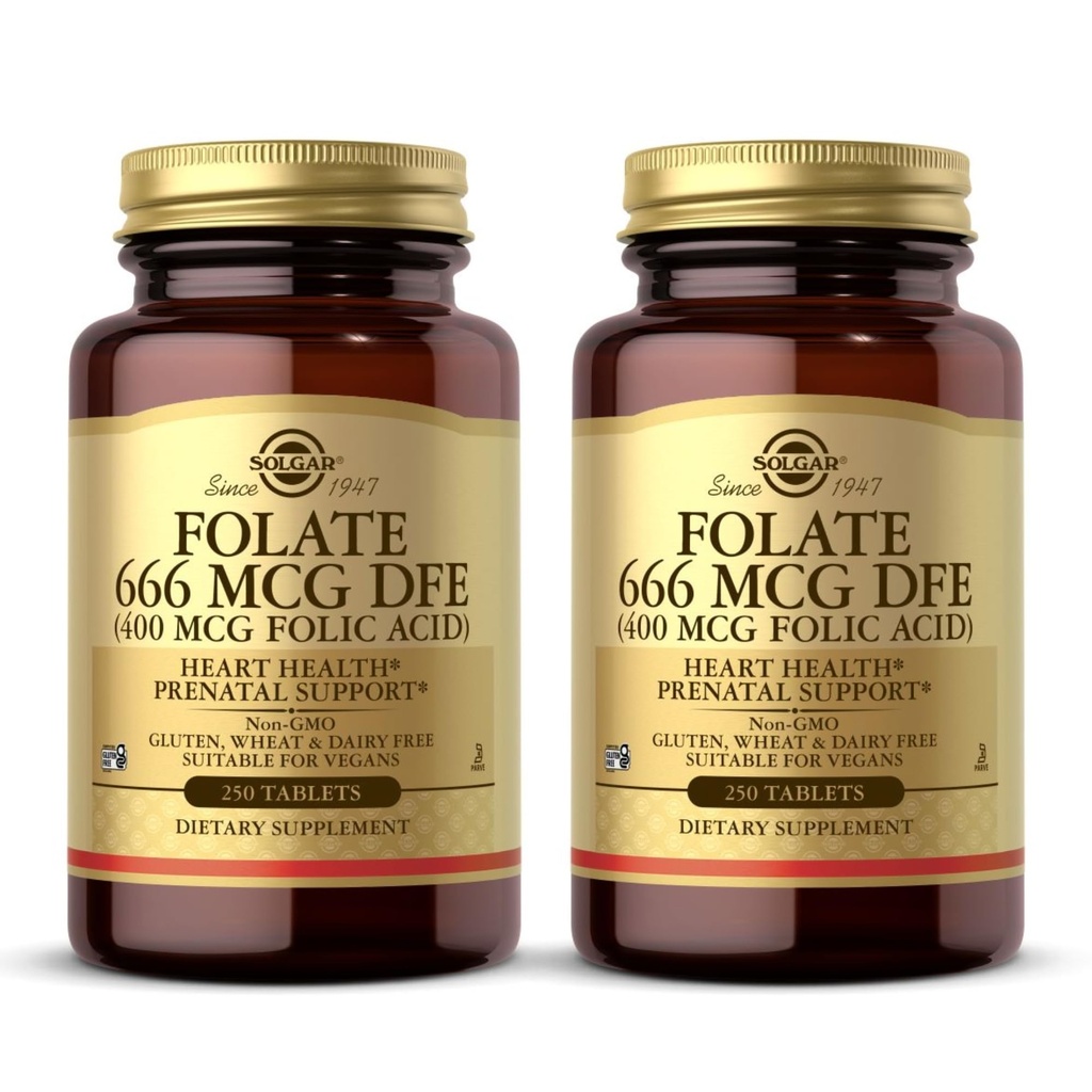 Solgar Folate 666 mcg DFE (Folinsyre 400 mcg) - 250 tabletter, Pack of 2 - Prenatal Support - Non- GMO, Vegan, Gluten Free, Dairy Free, Kosher - 500 Total Servering