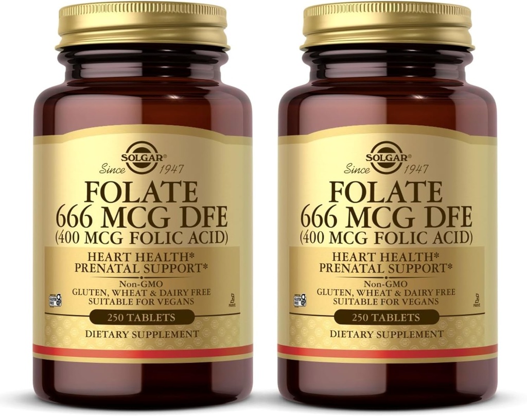 Solgar Folate 666 mcg DFE (Folinsyre 400 mcg) - 250 tabletter, Pack of 2 - Prenatal Support - Non- GMO, Vegan, Gluten Free, Dairy Free, Kosher - 500 Total Servering