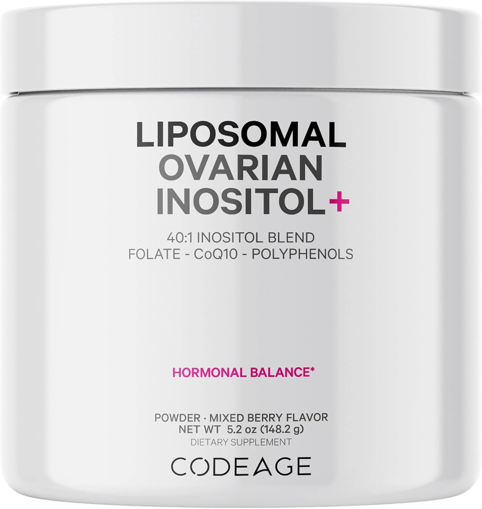 Kodeage Liposomal Ovarial Inositol Powder - Myo-Inositol & D-Chiro- Inositol 40: 1 Blend, Folate 5-MTHF, CoQ10, Pomegranat & Wild Blueberry - 2-Måned Supply - Blandede Berry Flavor - Non-GMO, 60 Servering